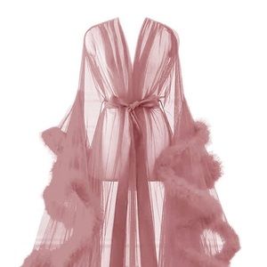 Luxury Long Powered Rose Tulle, Satin, & Feather Robe.